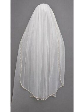 39” Pearl & Silver-Lined Beaded Edge Bridal Wedding Veil – Single Tier with Meta